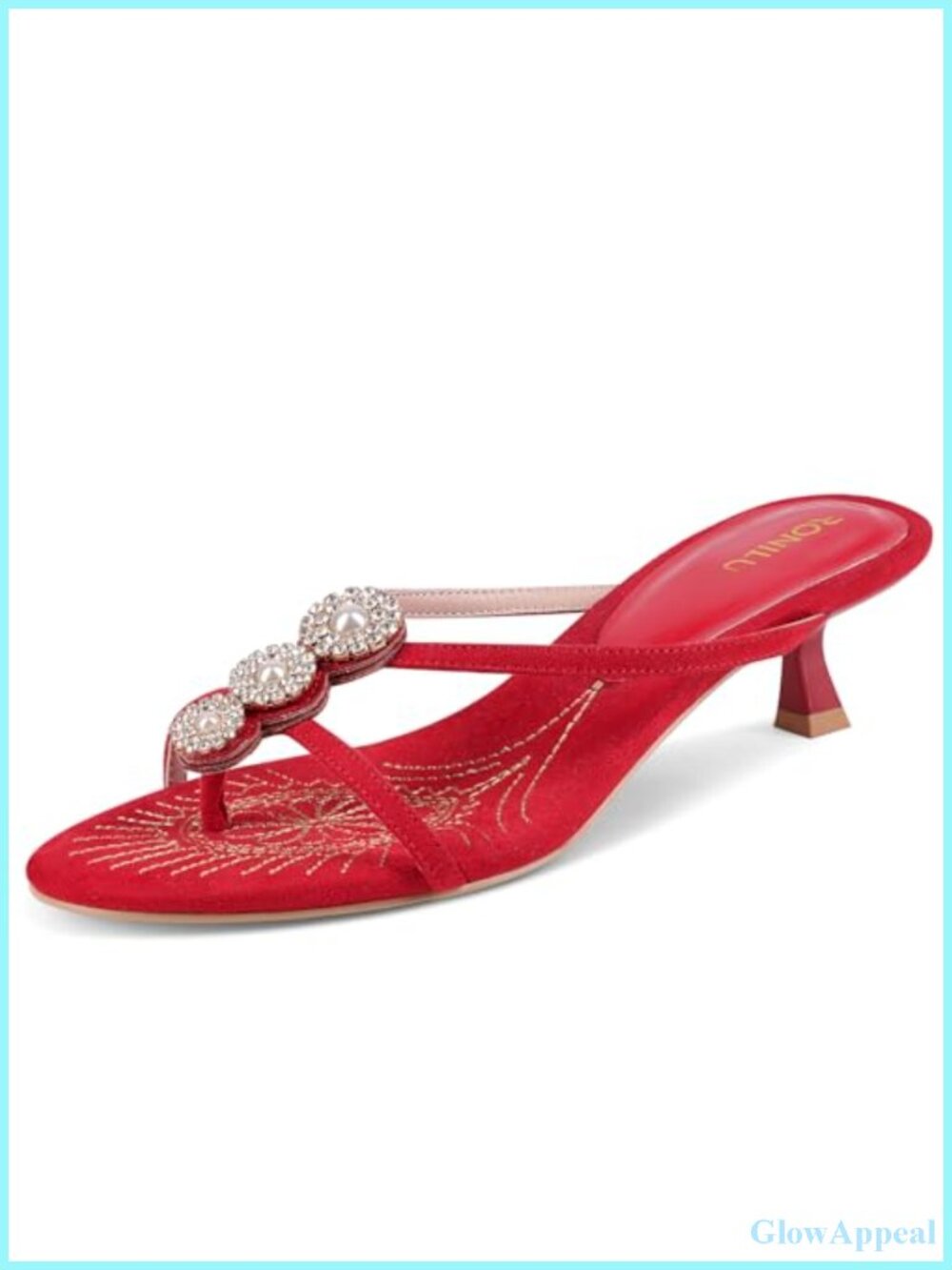 Kitten Heel Thong Sandals Rhinestone Pearl Faux Leather Dress Heels